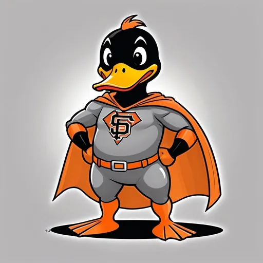 Prompt: draw me a cartoon duck superhero with a mask and a cape.  his colors should be mainly orange and black.  On his chest is the logo for the san francisco giants

Put a title above the image that says "Duck the Fodgers"

Make sure the title above the image saying "Duck the Fodgers"