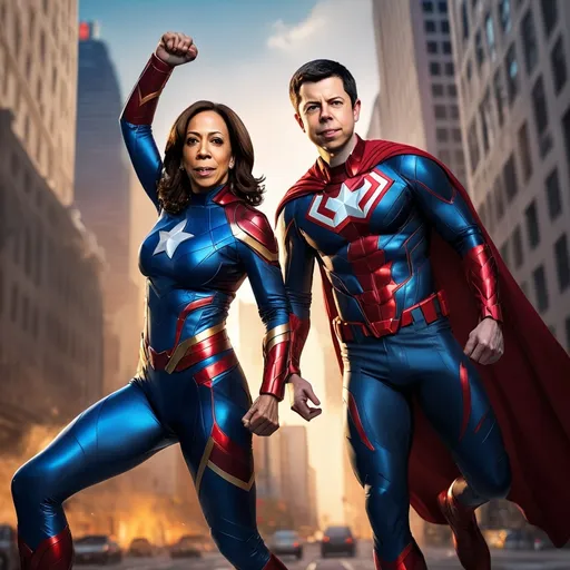 Prompt: Kamala Harris, Pete Buttigieg, as super heroes