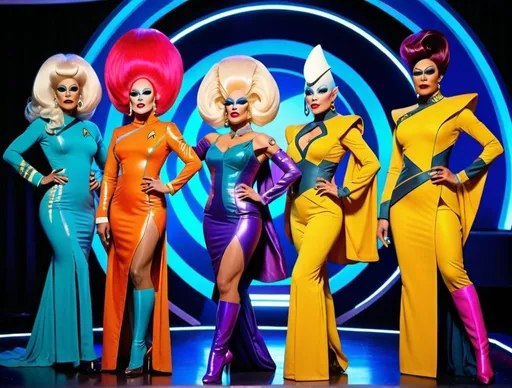 Prompt: Drag queens in Star Trek costumes, colorful and flamboyant outfits, fierce makeup with bold colors, high heels, confident and charismatic poses, futuristic set design, vibrant lighting, RuPaul's Drag Race competition, diverse races and recognizable Star Trek characters, detailed and intricate costumes, high fashion, professional makeup, dramatic and dynamic poses, sci-fi, extravagant outfits, competition stage, best quality, highres, vibrant colors, futuristic, detailed costumes, confident poses, professional, vibrant lighting, diverse characters