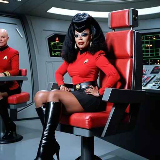 Prompt: The drag queen Symone on the set of star trek. She is the captain of the starship USS Stonewall. She is in red captain's uniform in the miniskirt style with thigh high black gogo boots. She is sitting in the captain's chair. The ship is at red alert and about to go into battle.