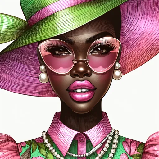 Prompt: of a beautiful black woman diva with a big pink and apple green brim hat and tinted sunglasses, pink and green tulle blouse, winking, long eyelashes, , pink lipstick, pearls on, front view  , playful, urban hand drawn illustration half body