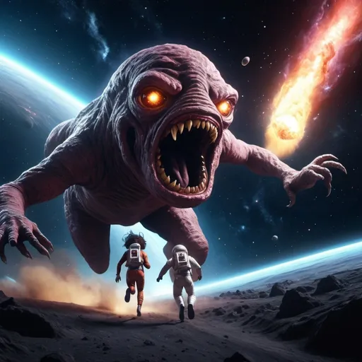 Prompt: A scene of flee from (10-meter nose monster) in space, (running with my girlfriend), dramatic chase, expressions of fear, urgency, vibrant cosmic background, stars and galaxies, high depth detailed space elements, cinematic lighting, 4K resolution, ultra-detailed environment, high contrast, stunning visuals, photorealistic quality, atmospheric tension.