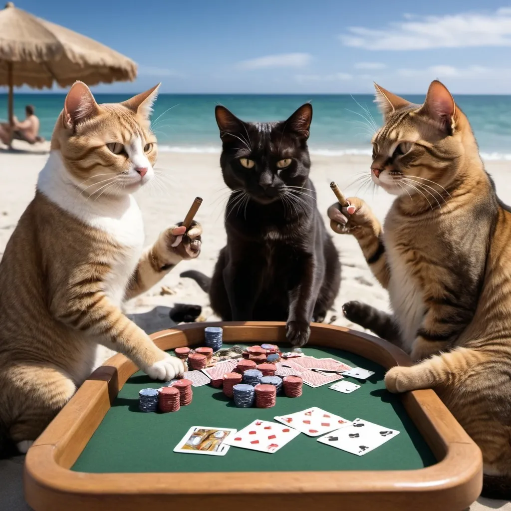 Prompt: Cats playing poker on the beach with cigars.