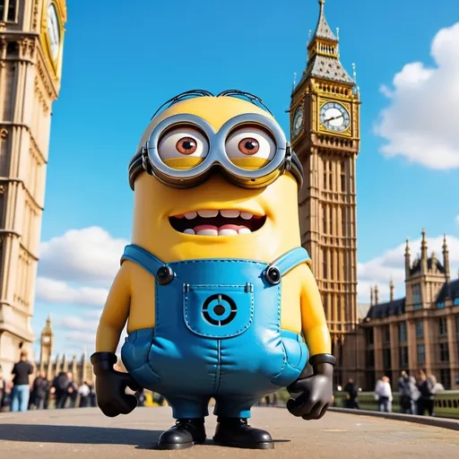 Prompt: (minion character), standing next to (iconic landmark Big Ben), vibrant colors, cheerful atmosphere, bright sunny day, playful expression, (London scenery) with (blue sky), detailed clock face, people in the background, high quality, (ultra-detailed), capturing the essence of London, whimsical vibe, iconic bridges and buildings, city life flair.