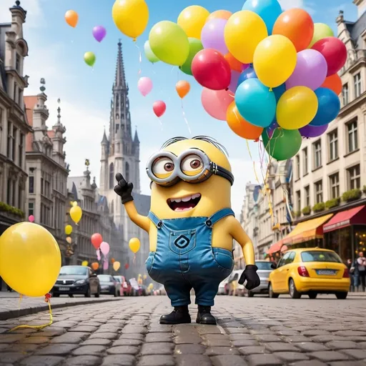 Prompt: (kawaii minion) celebrating a birthday, surrounded by colorful (balloons), cheerful atmosphere, (happy expression), festive mood, detailed background featuring iconic Brussels landmarks, vibrant colors, bright and lively lighting, whimsical elements, ultra-detailed and high quality, capturing the joy of a birthday celebration in a delightful setting.