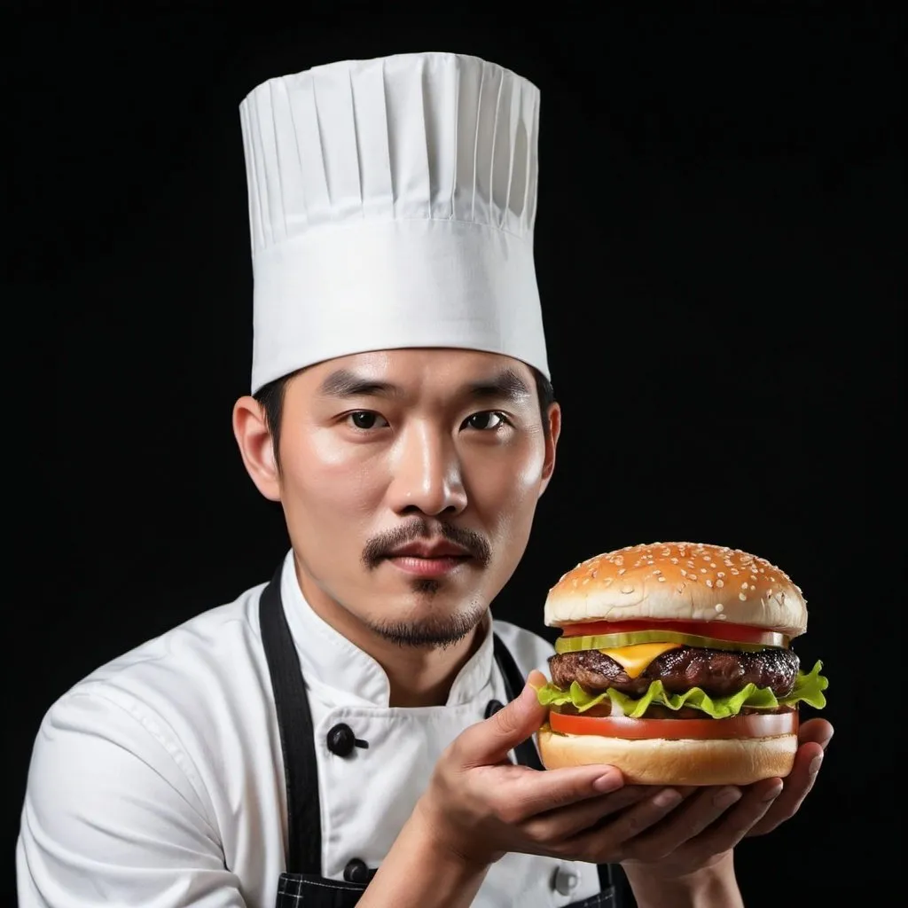 Prompt: hamburger in black background with korean male chef