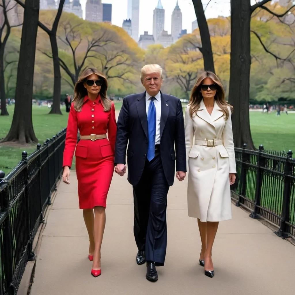 Prompt: A young Donald Trump and Melania walking in Central Park