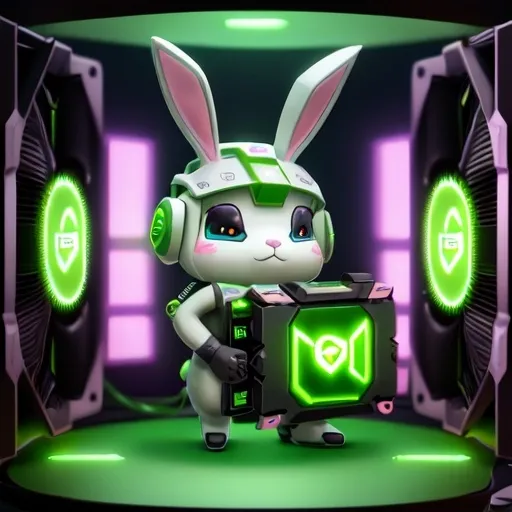 Prompt: futuristic cartoon bunny holding a Nvidia GPU for mining crypto