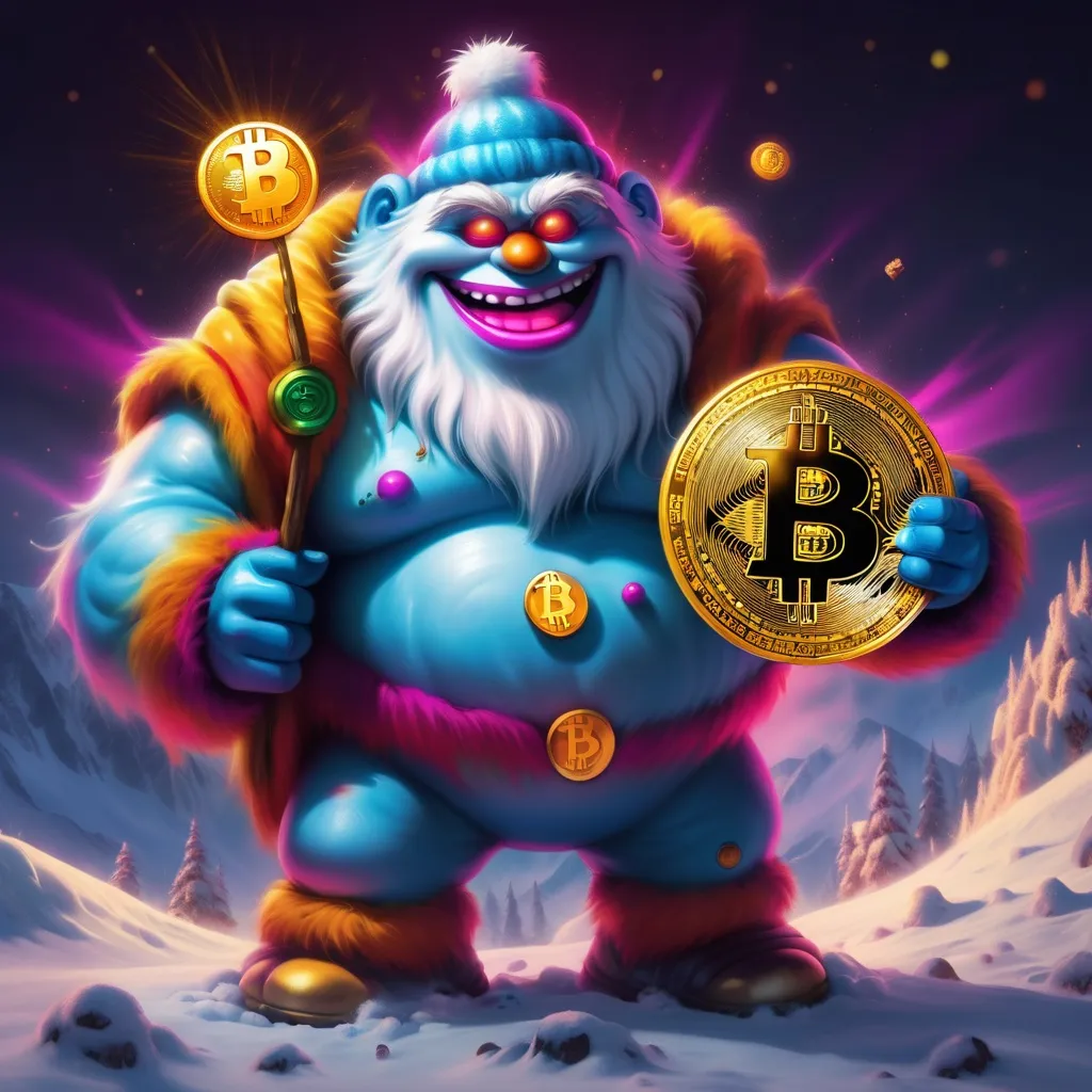 Prompt: colorful image of the abominable snow man holding a bright gold bitcoin