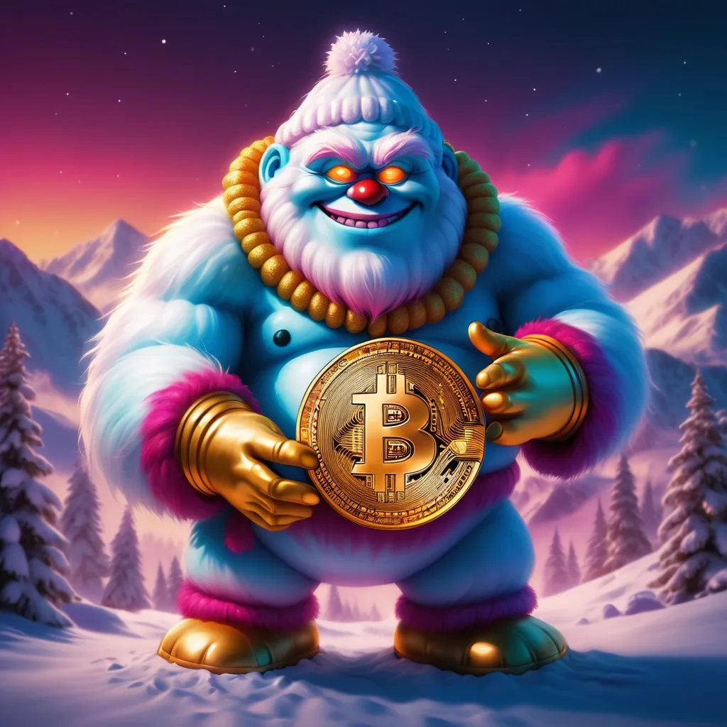 Prompt: colorful image of the abominable snow man holding a bright gold bitcoin