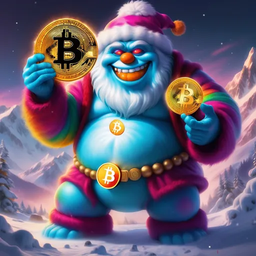 Prompt: colorful image of the abominable snow man holding a bright gold bitcoin