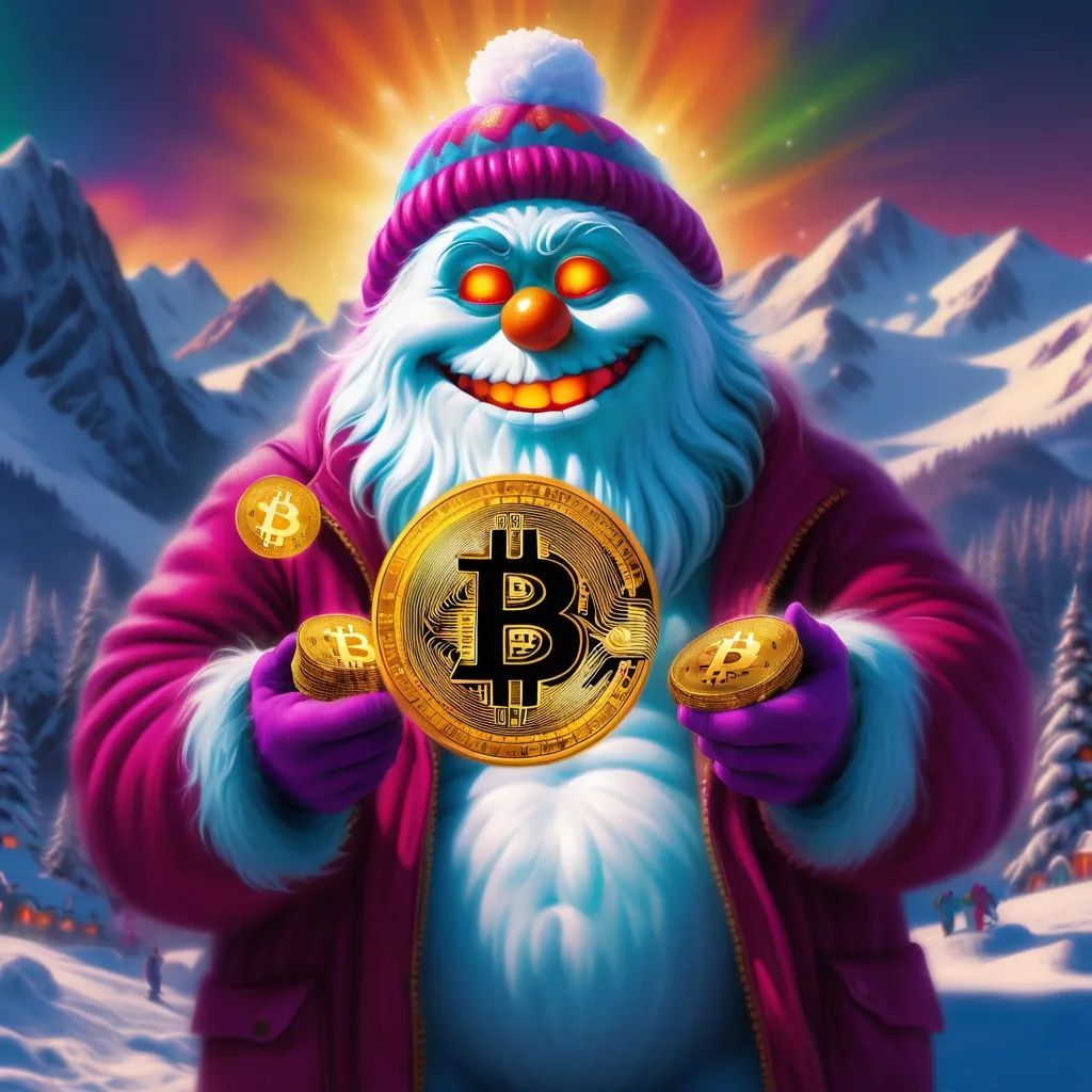 Prompt: colorful image of the abominable snow man holding a bright gold bitcoin