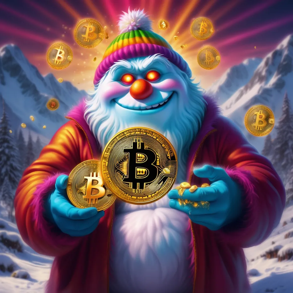 Prompt: colorful image of the abominable snow man holding a bright gold bitcoin