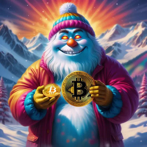 Prompt: colorful image of the abominable snow man holding a bright gold bitcoin