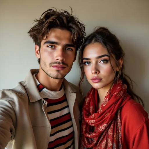 Prompt: In a bright and softly lit setting, two young individuals pose closely for a selfie against a textured, light-colored wall that enhances the overall simplicity of the scene. The man on the left has a confident expression, styled hair, and is dressed in a stylish striped shirt layered with a light jacket, while the woman beside him has a serious demeanor, wearing a vibrant red outfit complemented by a patterned scarf draped around her neck. Their proximity suggests familiarity, contrasting the woman's pensive look with the man's composed attitude. The light evenly illuminates their faces, highlighting their youthful features and adding a casual yet intimate atmosphere to the moment captured.