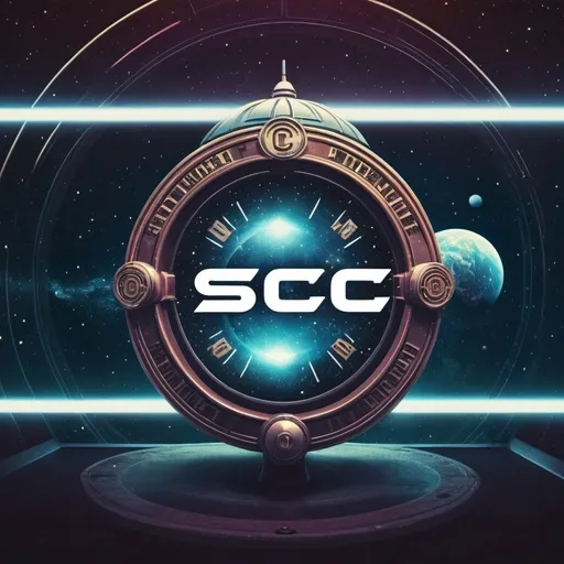 Prompt: Vintage cosmic space illustration centered around a SCC logo in the foreground, Victorian phone booth, postmodern dystopian, detailed depiction, highres, modern, sci-fi, futuristic, cosmic, logo in the foreground, atmospheric lighting, space-themed, detailed cosmic elements, professional, intense color tones, retro-futuristic, detailed and intricate design