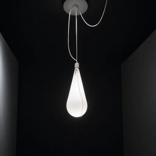 Prompt: a white light hanging from a black ceiling with a white cord attached to it and a black background with a black background, Cerith Wyn Evans, kinetic art, rembrandt lighting, an abstract sculpture
