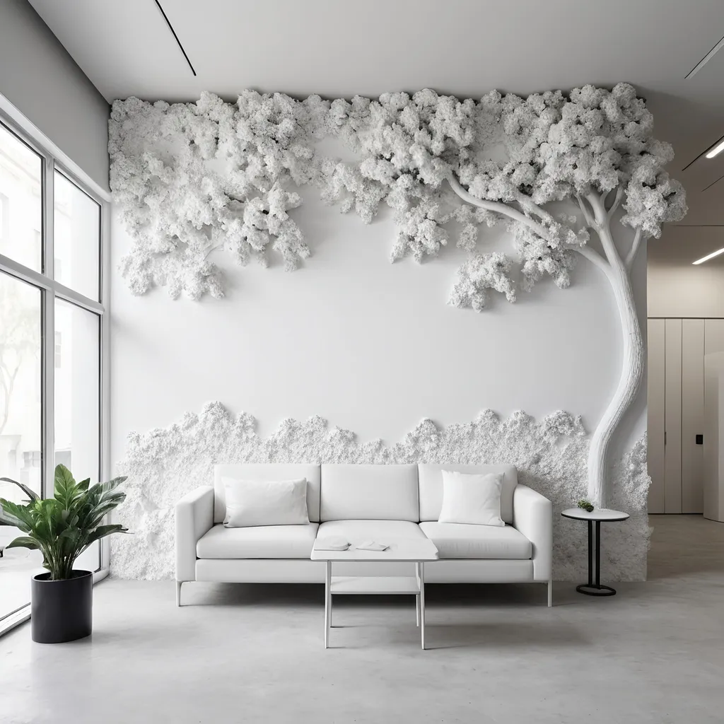 Prompt: a simple white office lobby wall, in the style of daniel arsham, captures the essence of nature, photorealistic details, streetscape, minimalist furniture, serene and peaceful ambiance