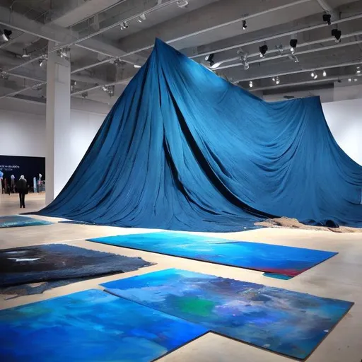 Prompt: a big exhibition space with a lot of blue art. Big cloths coming down from floor to the top.