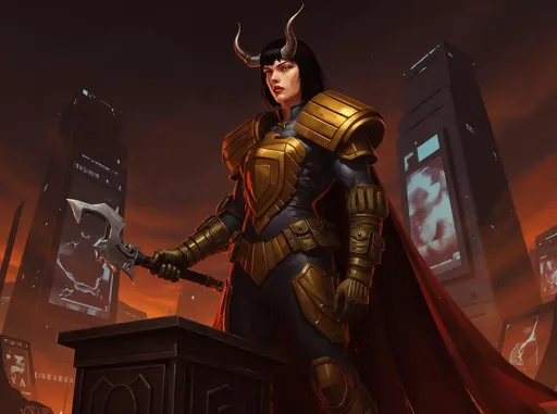 Prompt: In a harshly lit, futuristic cityscape, a formidable female devil stands tall, confidently with her shoulders wide, standing behind a podium about to give a speech in a large plaza, her long, thin horns curling menacingly against the backdrop of harsh lights and towering concrete monoliths. Clad in an imposing judges' robe, she wears an intricate layer of sci-fi police armor reminiscent of Judge Dredd, with angular accents and a deep black and gold hue that reflects the city's harsh lights. Her piercing gaze conveys authority and a hint of menace, as she weilds a futuristic powerful  warhammer, poised to deliver judgment. The atmosphere crackles with  dignity and authority, enhanced by flickering digital billboards. The scene is rendered in the bold, graphic style of a cyberpunk Soviet political poster, capturing the intricacies of power and rebellion.