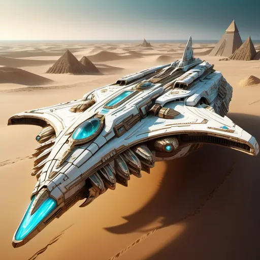 Prompt: (white and bronze spacecraft battlecruiser), enormous capital ship, with feathered wings, wshaped like the Sphinx,  aquamarine accents, stunningly detailed, dynamic composition, fantasy, captivating light reflections, cool color tones, mystical aura, ultra-detailed, 4K quality, flying in swirling sand, dramatic contrast, vivid imagination.