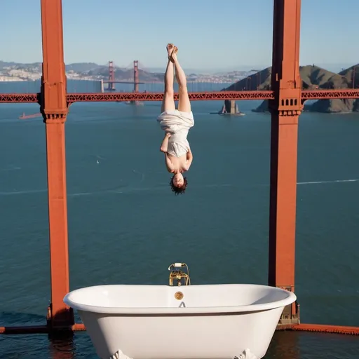 Prompt: a old style porcelain tub tipped vertically  suspended vertically  hi in the air,  above the golden gate bridge a person is standing in the tub holding for dear life on to a bed sheet trying to to slip or fall out and plummet   to the bay below       