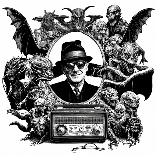 Prompt: A vintage radio surrounded by a collage of mysterious creatures, centered is the  profile of a thin middle aged man wearing a fedora and 3D glasses, Mothman, cryptids, aliens, UFOs, infra red photography,