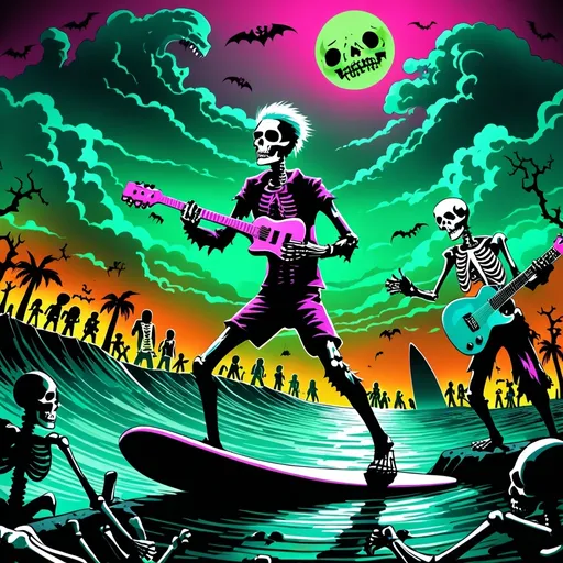 Prompt: (punk rock zombie), (bone guitar), surfing on a headstone, toxic sea, demonic sharks swimming, skeleton hula girls dancing, green bonfire, eerie atmosphere, clouded sky, ghost moon, Dutch angle, vibrant colors, high contrast, dynamic composition, ultra-detailed, immersive scene, evokes a sense of rebellion and chaos, surreal and menacing vibe.