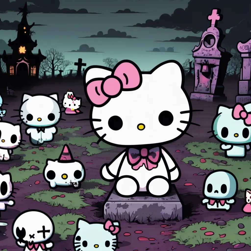 Prompt: (zombie Sanrio characters), Hello Kitty, Kuromi, Keroppi, Badtz Maru, Cinnamaroll, (spooky cemetery background), (dark and eerie atmosphere), grave markers, misty twilight, ghoulish expressions, playful yet creepy details, intriguing contrast between cuteness and horror, rich colors, (ultra-detailed), fantasy, imaginative horror, cinematic depth.