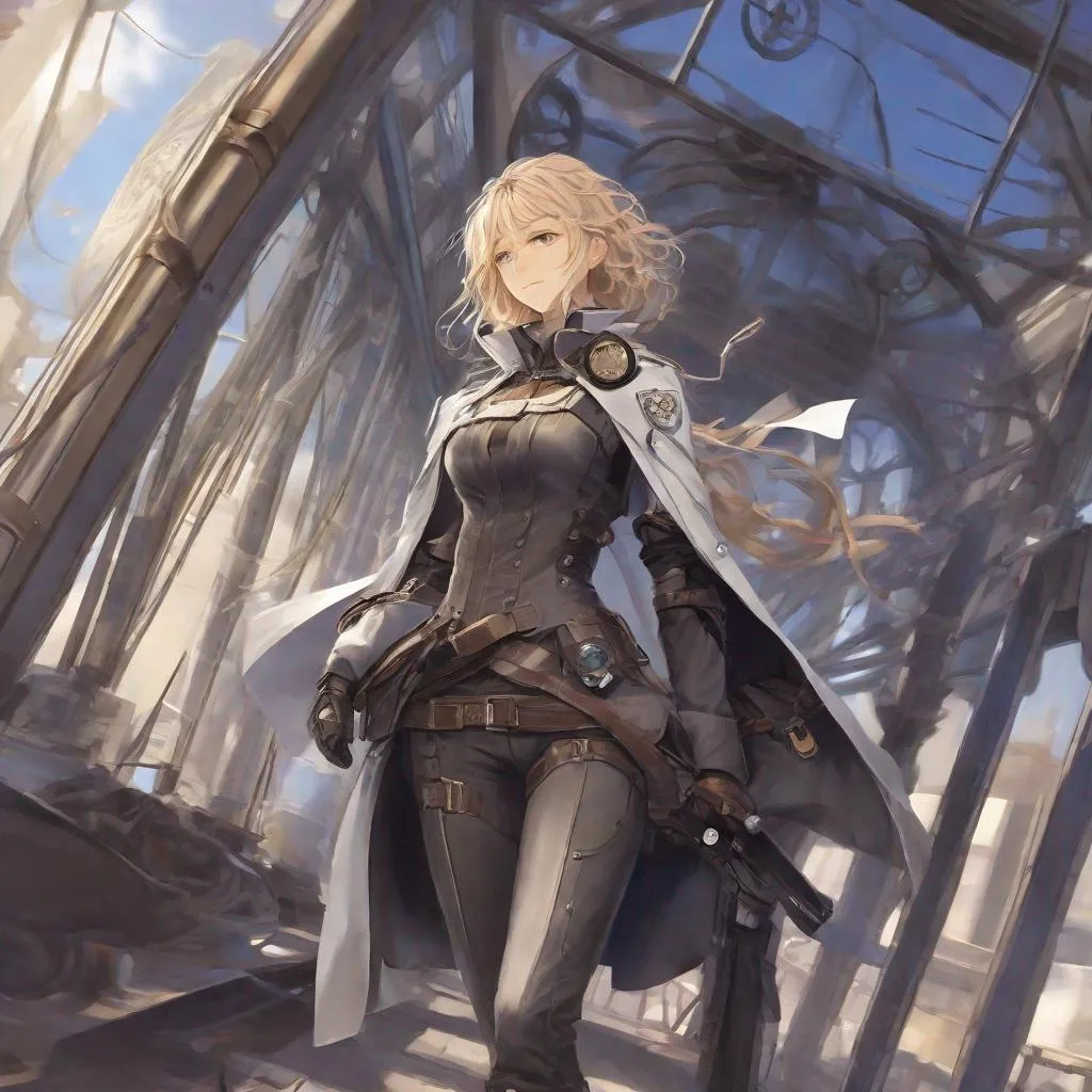 Prompt: teampunk, female doctor, light leather armor, suit, numerous straps on the body, pistol inside hip holster, doctor, cloak, elegant, concept art, long hair, calm, serious, right arm clockwork prosthetic, medic symbol, violet evergarden, backpack, violin on the side of the backpack