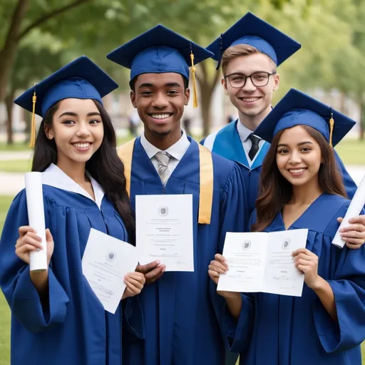 Prompt: He created for me a picture of four students of different nationalities who graduated from the university, smiling and holding diplomas PNG
