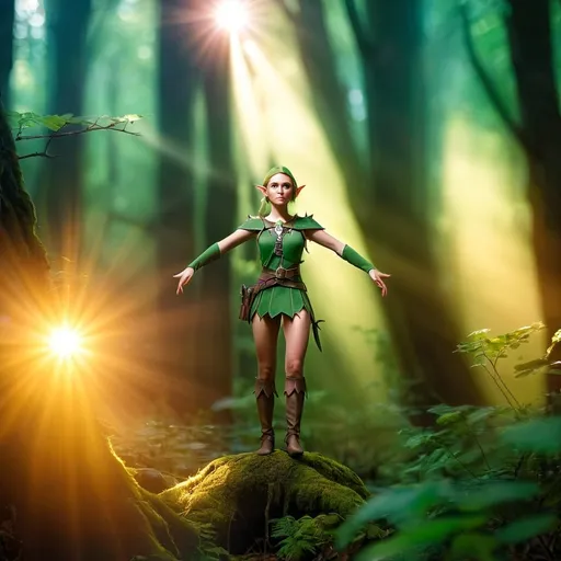 Prompt: Elf ranger in a mystical forest around sunlight