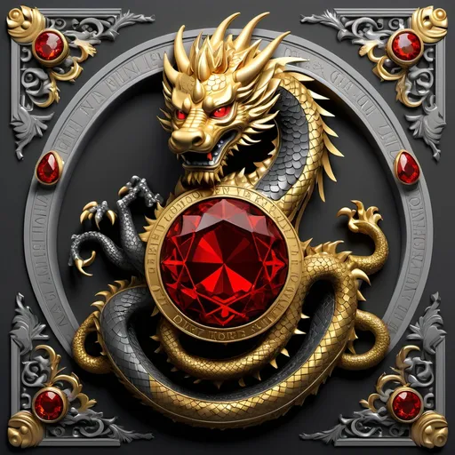 Prompt: A  render of a visually stunning and ornate digital masterpiece with the text "RYL LIBERTY text is written in elegant, golden and  Black Dragon, red,  Lion and gemstones. The design is crowned by a majestic, Black Dragon,  and  the word. The muted gray background accentuates the vibrant colors and intricate details. The overall ambiance of the piece is grand and regal.