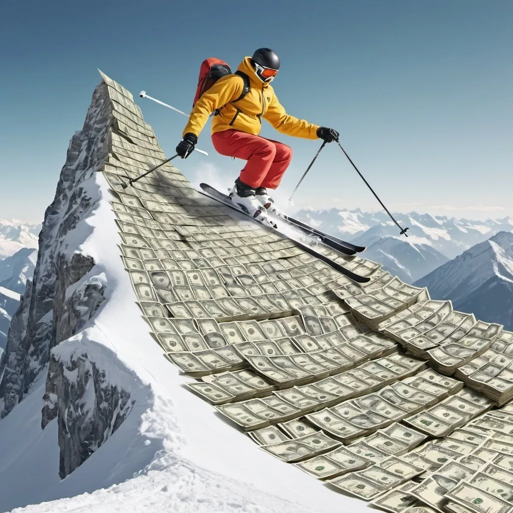 Prompt: Skier on mountain made of money
