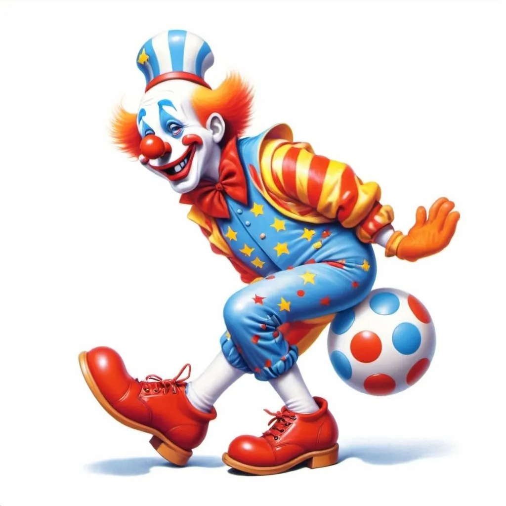 Prompt: Terry pastor airbrush. Cartoon like clown with circus ball red with stars, juggling bowling pins and doing a jig 