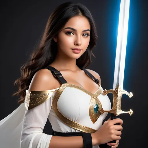 Prompt: 18 year old mix of Levantine Arab, Filipina, Latina, and Slavic girl, innocent, feminine, babyface, short girl, cute girl, black hair, black eyes, olive skin, curvy body, hourglass figure, full body, high definition, 8k, detailed, realistic face, white dress, holding a sword and a shield with a light shining on her face and a sword in her hand, fantasy.