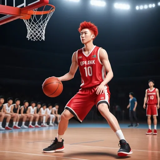 Prompt: Red-haired Male Japanese Basketball player with a red and black jersey number 10. Full body, red shoes, 6 feet tall, 20 years old, realistic, uhd, basketball court, going for a dunk.