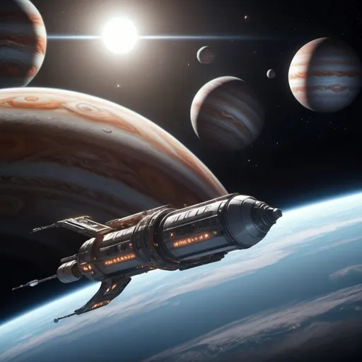 Prompt: Inhabitants of planet Jupiter on their spaceship leaving their planet. Realistic. UHD. 