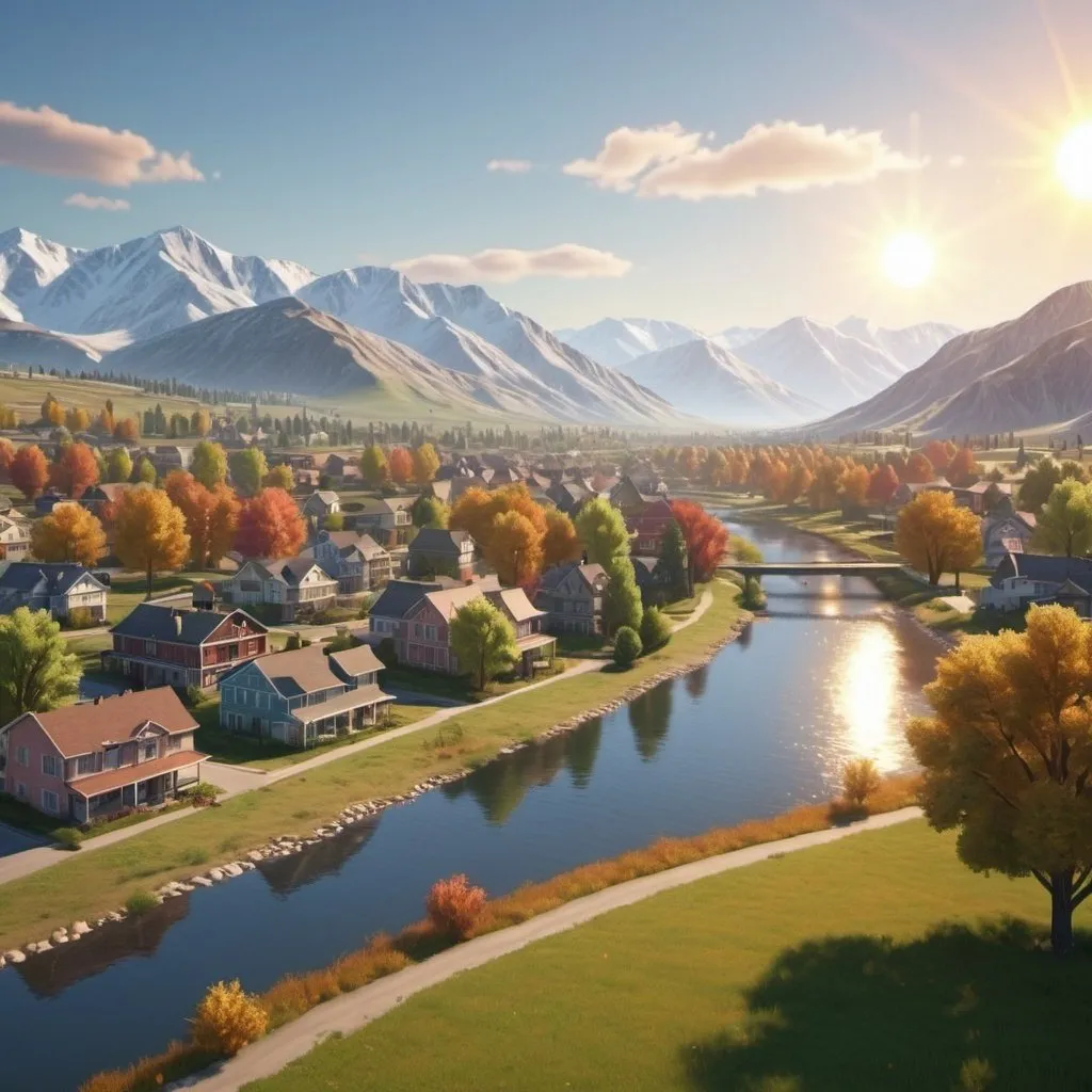 Prompt: a suburban town landscape of all colors. With the sun, mountains, trees, rivers, and fields. uhd. realistic.
