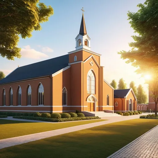 Prompt: Simple Christian Church architecture at an Evangelical Protestant Christian University, brick design, golden hour lighting, 3D rendering, high quality, ultra-detailed,  large church building, lush courtyard, no images and statues, 3D rendering, golden hour lighting