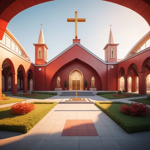 Prompt: Modern Christian architecture at an Evangelical Protestant Christian University, futuristic design with traditional elements, golden hour lighting, 3D rendering, large cross, intricate geometric patterns, lush red courtyard, vibrant church details, high quality, ultra-detailed, modern civilization, futuristic, large church building, intricate patterns, lush courtyard, no images and statues, 3D rendering, golden hour lighting