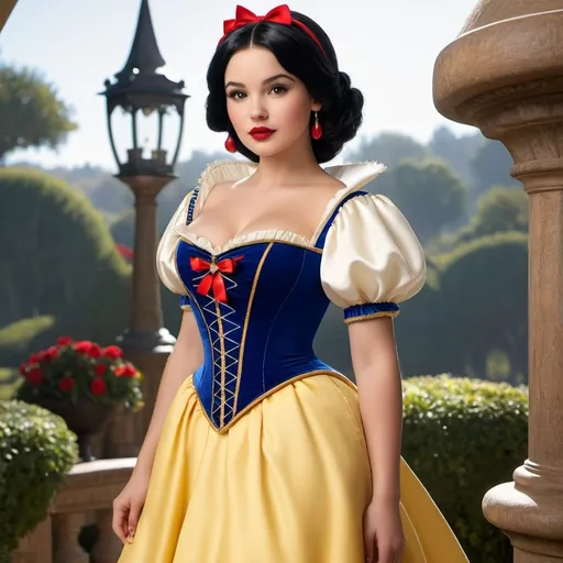 Prompt: Snow White as an 18 year old Latina girl, innocent, feminine, babyface, short girl, cute girl, black hair, black eyes, curvy body, hourglass figure, full body, photoshoot, 8k, high definition, detailed, realistic face, 19th century setting.