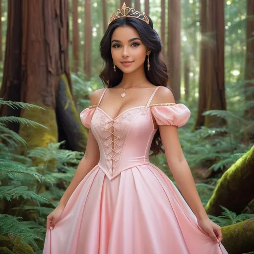 Prompt: 18 year old mix of Levantine Arab, Filipina, Latina, and Slavic girl, innocent, feminine, babyface, short girl, cute girl, black hair, black eyes, olive skin, curvaceous bosomy physique, broad bottom, hourglass figure, full body, high definition, 8k, detailed, realistic face, kneeling princess, pink medieval dress, Studio Ghibli style, detailed expression, ice wand, enchanted redwood forest, fairies, filter, lo-fi, grain, high quality