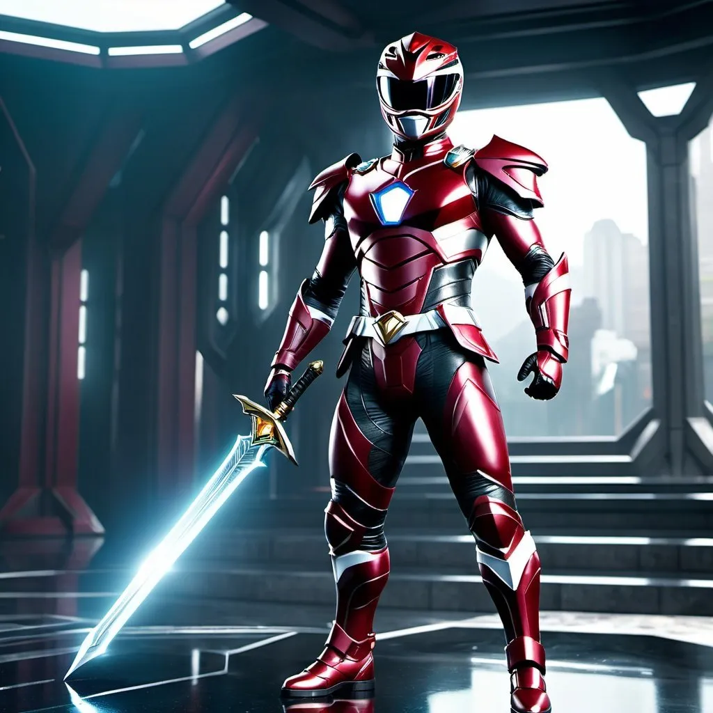 Prompt: A photorealistic maroon power ranger with a futuristic metal armor and a sword standing on a base. UHD. Full body.