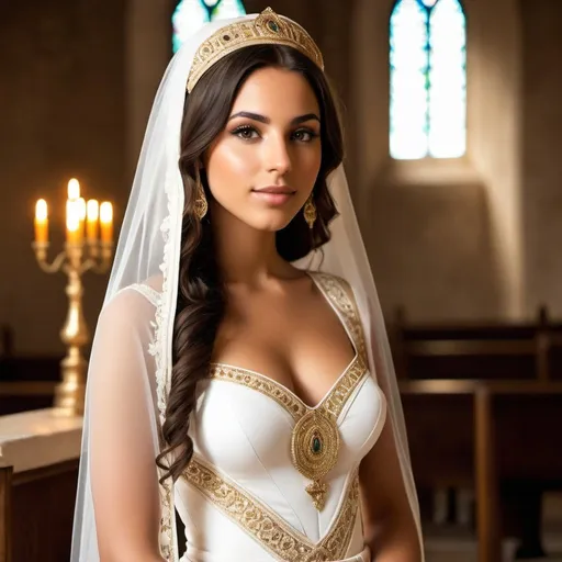 Prompt: 18 year old Ancient Israelite Bride, feminine, innocent, babyface, olive skin, big chest, C cup, big rump, slim thick, short girl, cute girl, superreal, no contrast, soft shadows, sharp focus, full body, realistic face, church, dramatic lighting, bright color tones