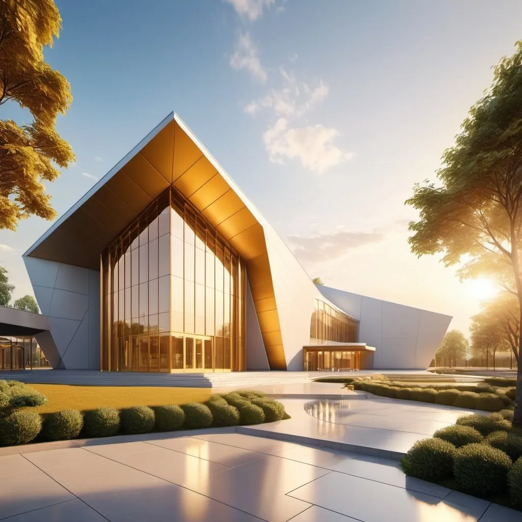 Prompt: Modern Christian Church architecture at an Evangelical Protestant Christian University, futuristic design, golden hour lighting, 3D rendering, modern design patterns, high quality, ultra-detailed, modern civilization, futuristic, large church building, lush courtyard, no images and statues, 3D rendering, golden hour lighting