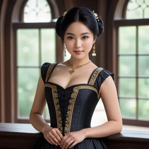 Prompt: Juliet Capulet as an 18 year old Asian girl, innocent, feminine, babyface, short girl, cute girl, black hair, black eyes, curvy body, hourglass figure, full body, photoshoot, 8k, high definition, detailed, realistic face, 19th century setting.