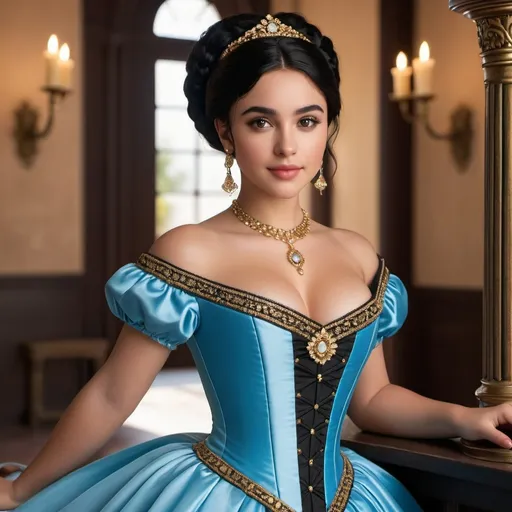 Prompt: Juliet Capulet as an 18 year old Latina girl, innocent, feminine, babyface, short girl, cute girl, black hair, black eyes, curvy body, hourglass figure, full body, photoshoot, 8k, high definition, detailed, realistic face, 19th century setting.