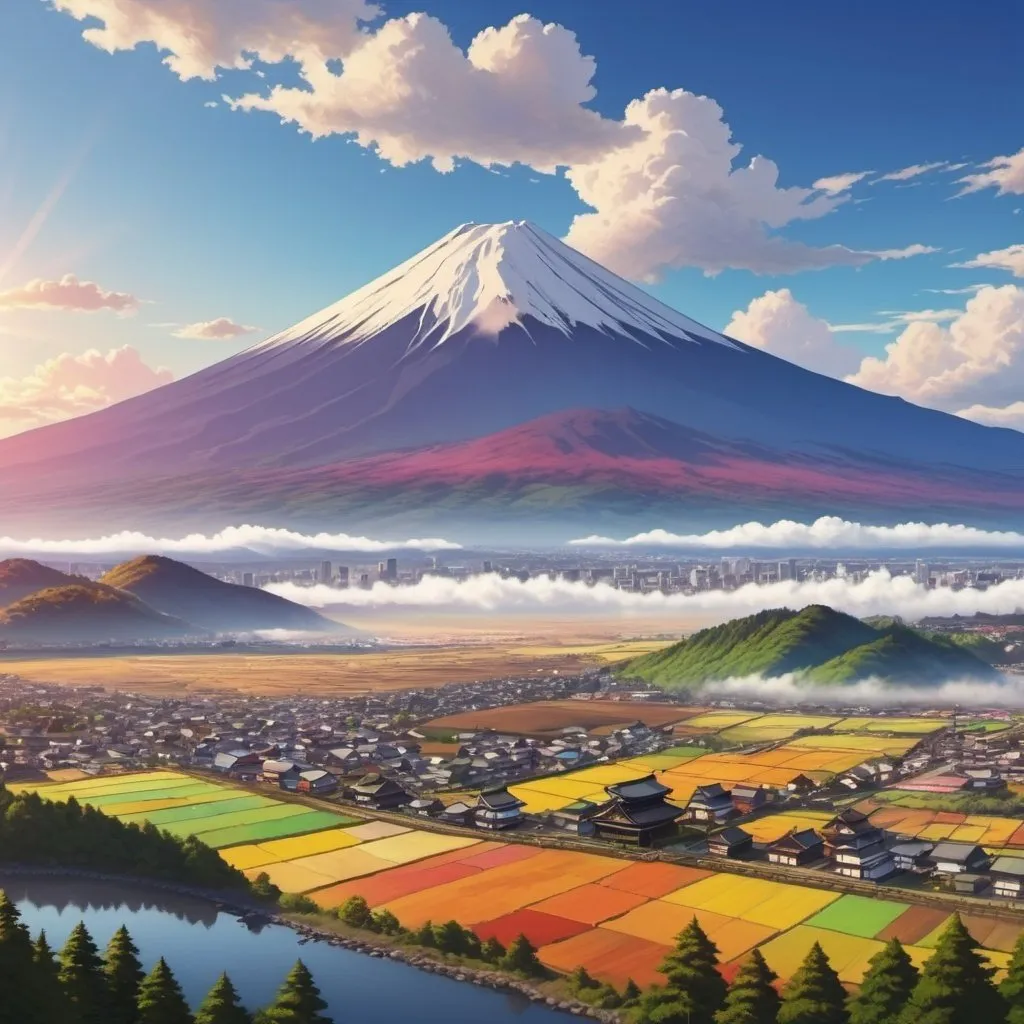 Prompt: a town landscape of all colors. At the foot of Mt. Fuji in Japan. With the sun and fields. uhd. realistic. Aerial shot. Bob Ross style painting.
