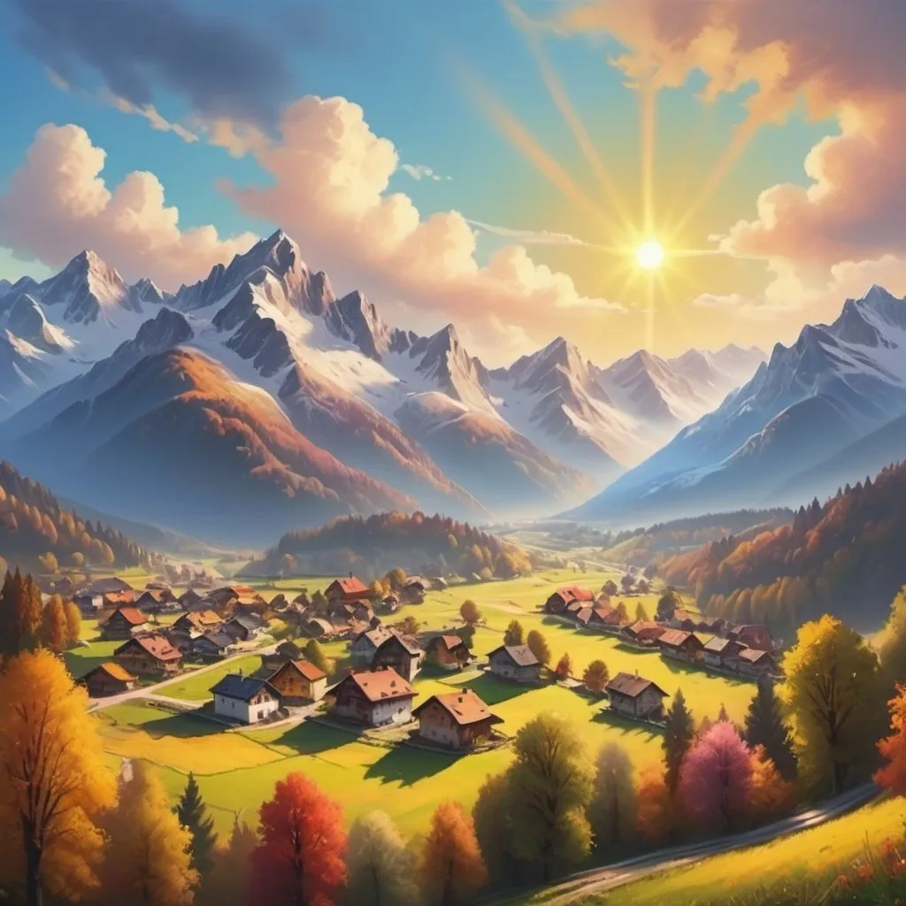 Prompt: a town landscape of all colors. in the Alps. With the sun, mountains, and fields. uhd. realistic. Aerial shot. Bob Ross style painting.
